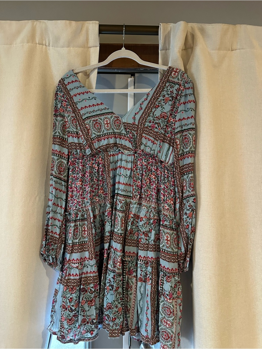 Altar’d State Light Blue Floral Patchwork Long Sleeve Babydoll Dress
